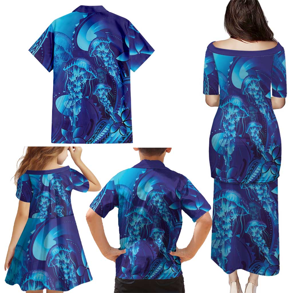 Purple Paradise Polynesia Jellyfish Family Matching Puletasi and Hawaiian Shirt Plumeria Polynesian Tattoo Glowing Vibes