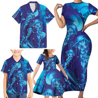 Purple Paradise Polynesia Jellyfish Family Matching Short Sleeve Bodycon Dress and Hawaiian Shirt Plumeria Polynesian Tattoo Glowing Vibes