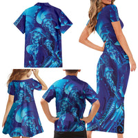 Purple Paradise Polynesia Jellyfish Family Matching Short Sleeve Bodycon Dress and Hawaiian Shirt Plumeria Polynesian Tattoo Glowing Vibes