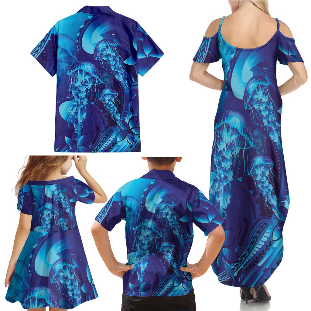 Purple Paradise Polynesia Jellyfish Family Matching Summer Maxi Dress and Hawaiian Shirt Plumeria Polynesian Tattoo Glowing Vibes