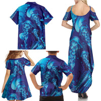 Purple Paradise Polynesia Jellyfish Family Matching Summer Maxi Dress and Hawaiian Shirt Plumeria Polynesian Tattoo Glowing Vibes