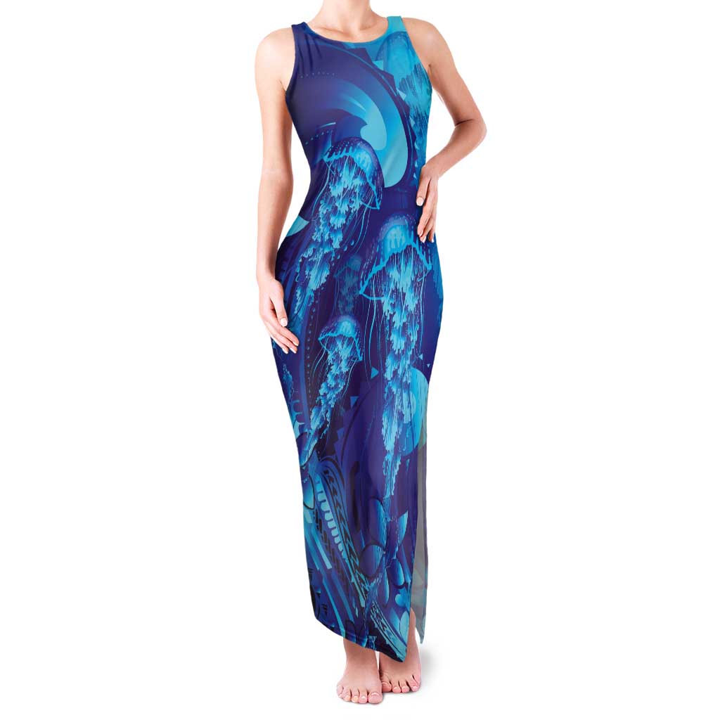 Purple Paradise Polynesia Jellyfish Family Matching Tank Maxi Dress and Hawaiian Shirt Plumeria Polynesian Tattoo Glowing Vibes