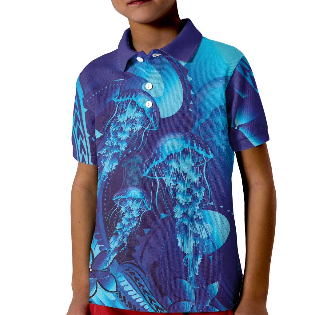 Purple Paradise Polynesia Jellyfish Kid Polo Shirt Plumeria Polynesian Tattoo Glowing Vibes LT14 Kid Purple - Polynesian Pride