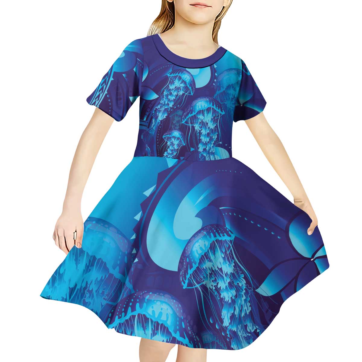 Purple Paradise Polynesia Jellyfish Kid Short Sleeve Dress Plumeria Polynesian Tattoo Glowing Vibes