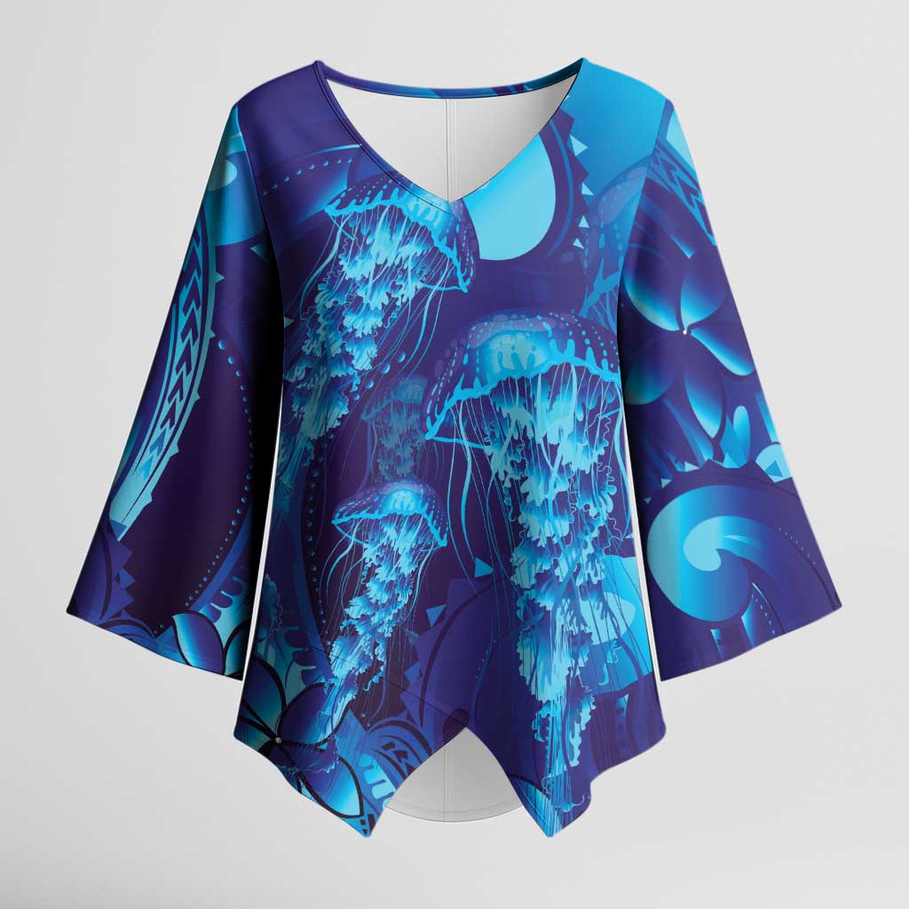 Purple Paradise Polynesia Jellyfish Kimono Sleeve Blouse Plumeria Polynesian Tattoo Glowing Vibes