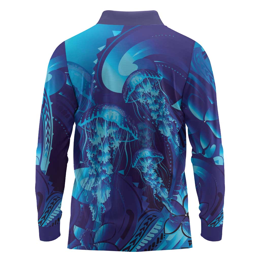 Purple Paradise Polynesia Jellyfish Long Sleeve Polo Shirt Plumeria Polynesian Tattoo Glowing Vibes