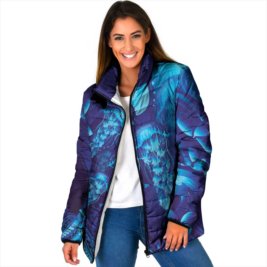 Purple Paradise Polynesia Jellyfish Padded Jacket Plumeria Polynesian Tattoo Glowing Vibes LT14 Women Purple - Polynesian Pride