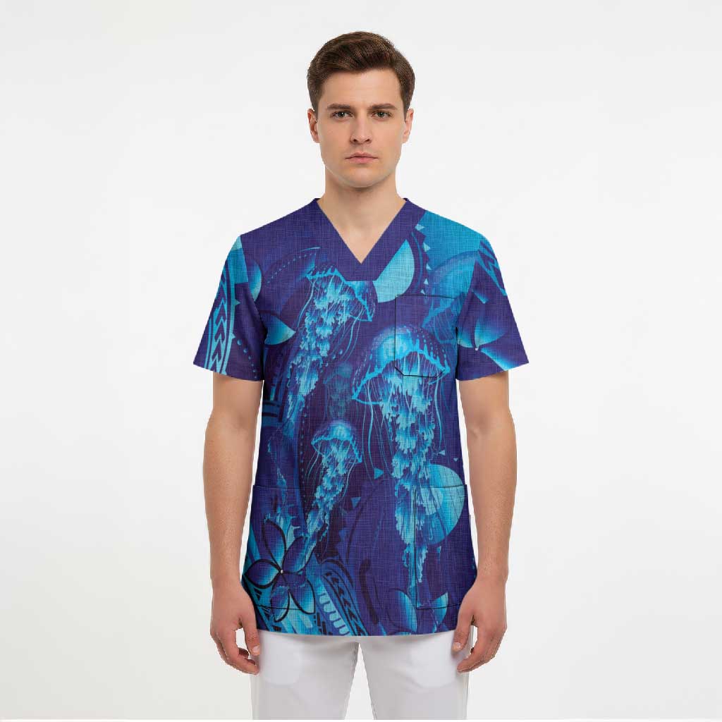 Purple Paradise Polynesia Jellyfish Scrub Top Plumeria Polynesian Tattoo Glowing Vibes