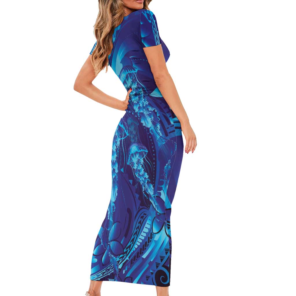 Purple Paradise Polynesia Jellyfish Short Sleeve Bodycon Dress Plumeria Polynesian Tattoo Glowing Vibes