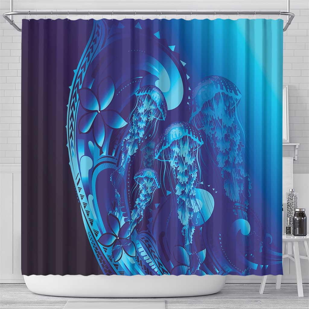 Purple Paradise Polynesia Jellyfish Shower Curtain Plumeria Polynesian Tattoo Glowing Vibes