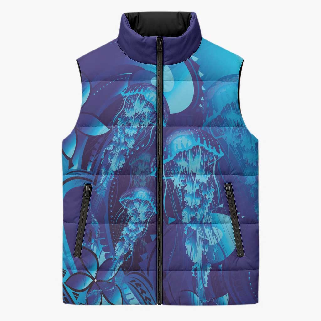 Purple Paradise Polynesia Jellyfish Sleeveless Puffer Jacket Plumeria Polynesian Tattoo Glowing Vibes