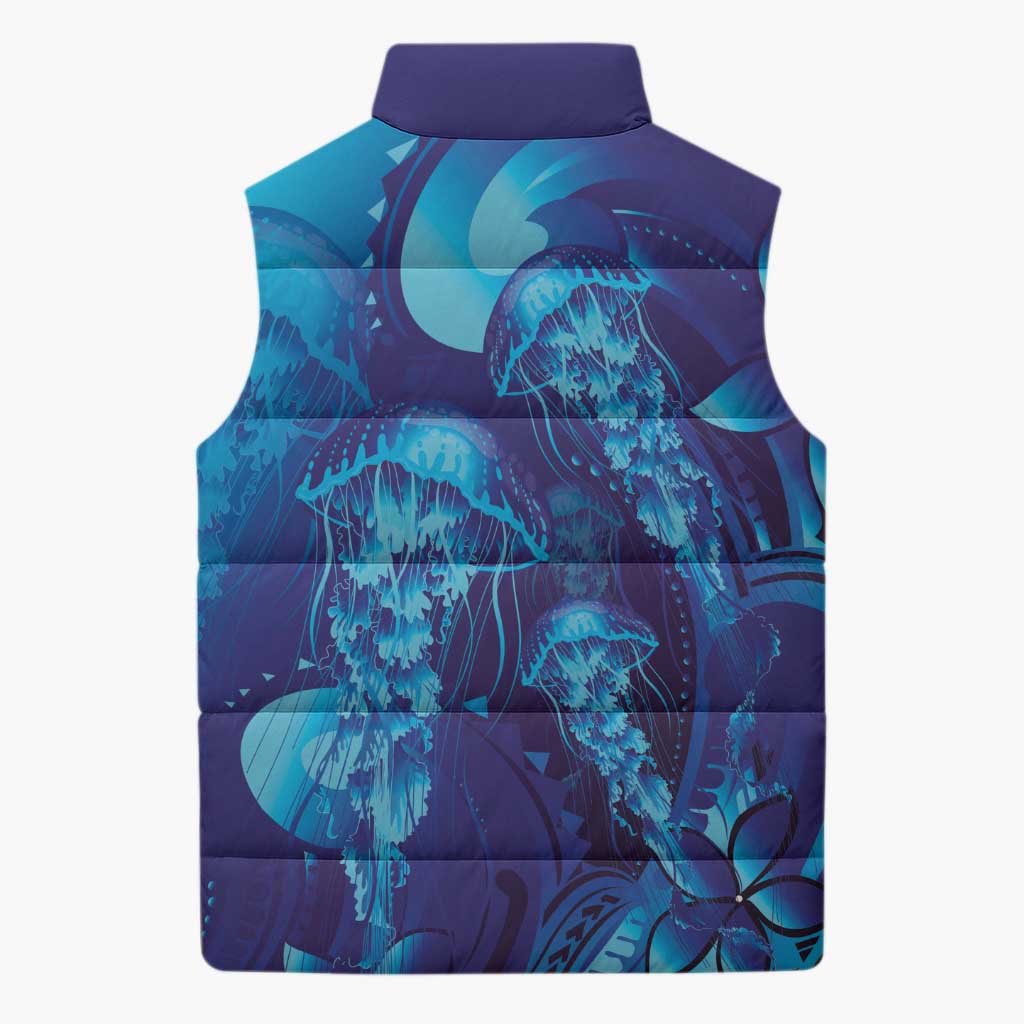 Purple Paradise Polynesia Jellyfish Sleeveless Puffer Jacket Plumeria Polynesian Tattoo Glowing Vibes