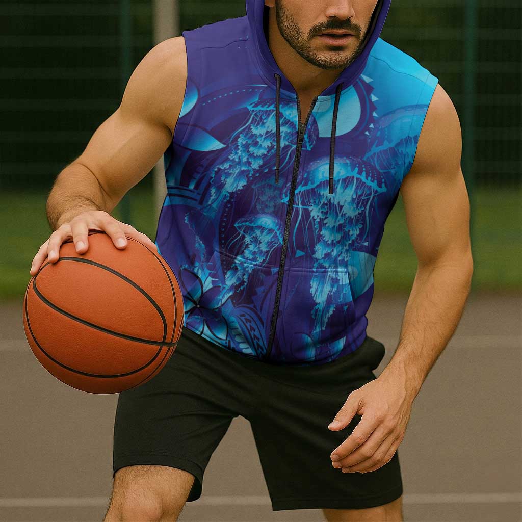 Purple Paradise Polynesia Jellyfish Sleeveless Zip Hoodie Plumeria Polynesian Tattoo Glowing Vibes