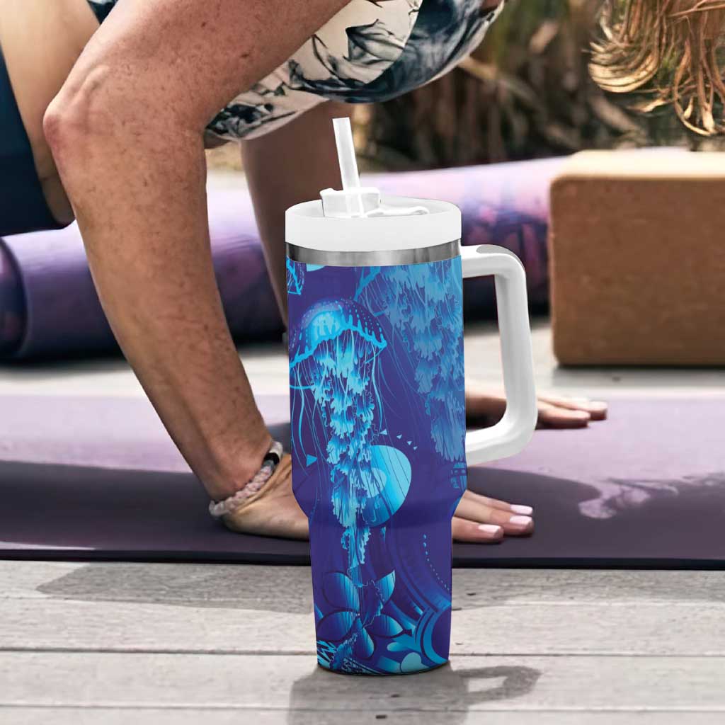 Purple Paradise Polynesia Jellyfish Tumbler With Handle Plumeria Polynesian Tattoo Glowing Vibes
