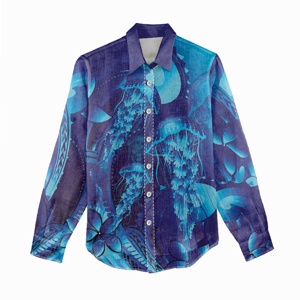 Purple Paradise Polynesia Jellyfish Women Casual Shirt Plumeria Polynesian Tattoo Glowing Vibes