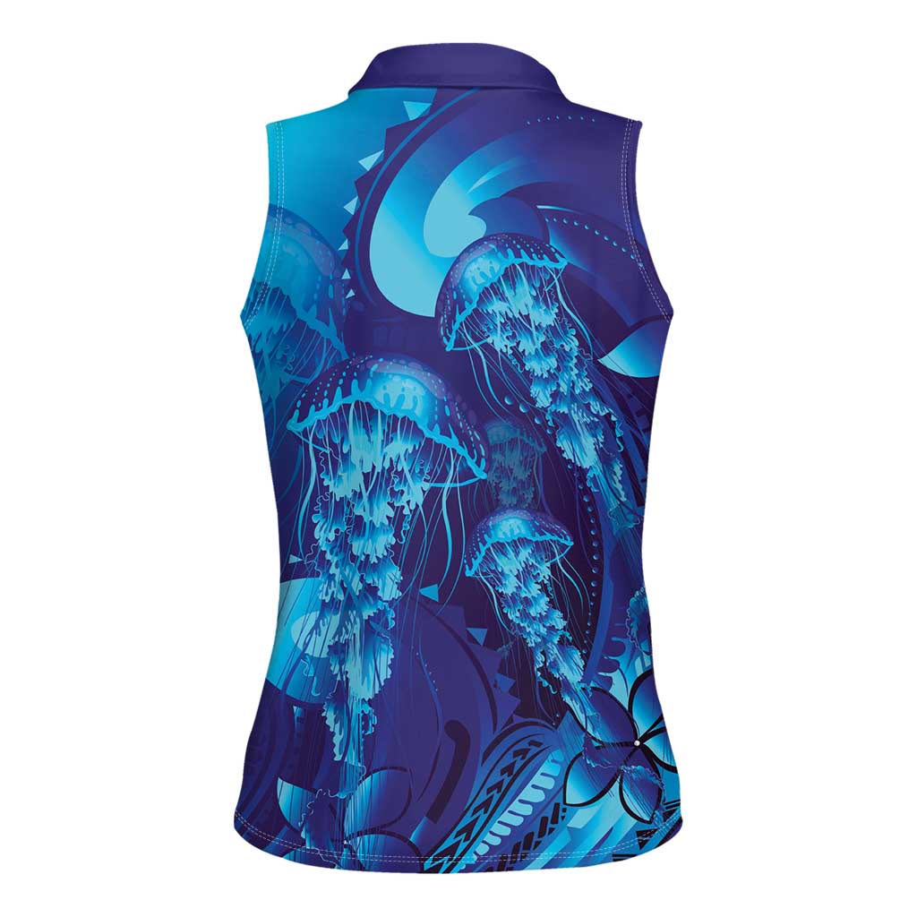Purple Paradise Polynesia Jellyfish Women Sleeveless Polo Shirt Plumeria Polynesian Tattoo Glowing Vibes