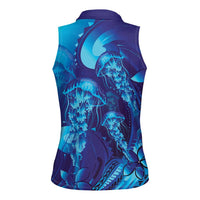 Purple Paradise Polynesia Jellyfish Women Sleeveless Polo Shirt Plumeria Polynesian Tattoo Glowing Vibes