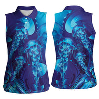 Purple Paradise Polynesia Jellyfish Women Sleeveless Polo Shirt Plumeria Polynesian Tattoo Glowing Vibes