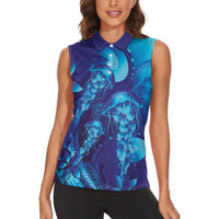 Purple Paradise Polynesia Jellyfish Women Sleeveless Polo Shirt Plumeria Polynesian Tattoo Glowing Vibes