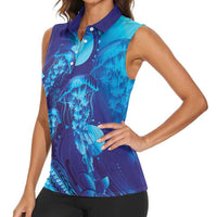 Purple Paradise Polynesia Jellyfish Women Sleeveless Polo Shirt Plumeria Polynesian Tattoo Glowing Vibes