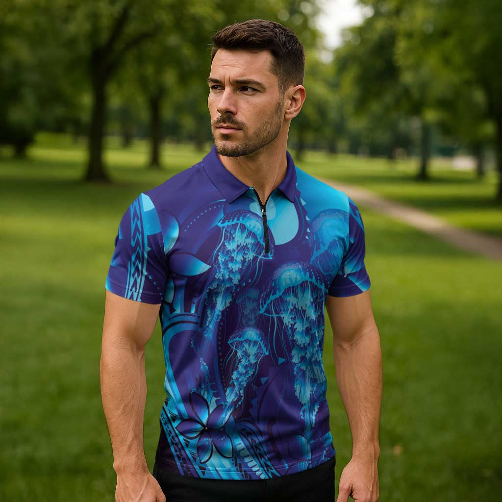 Purple Paradise Polynesia Jellyfish Zipper Polo Shirt Plumeria Polynesian Tattoo Glowing Vibes