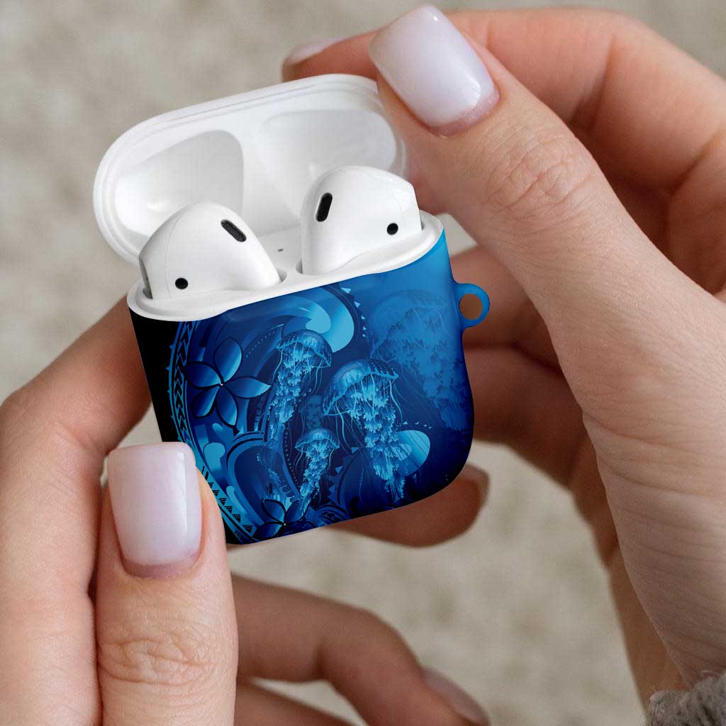 Blue Gradient Polynesia Jellyfish AirPods Case Plumeria Polynesian Tattoo Glowing Vibes