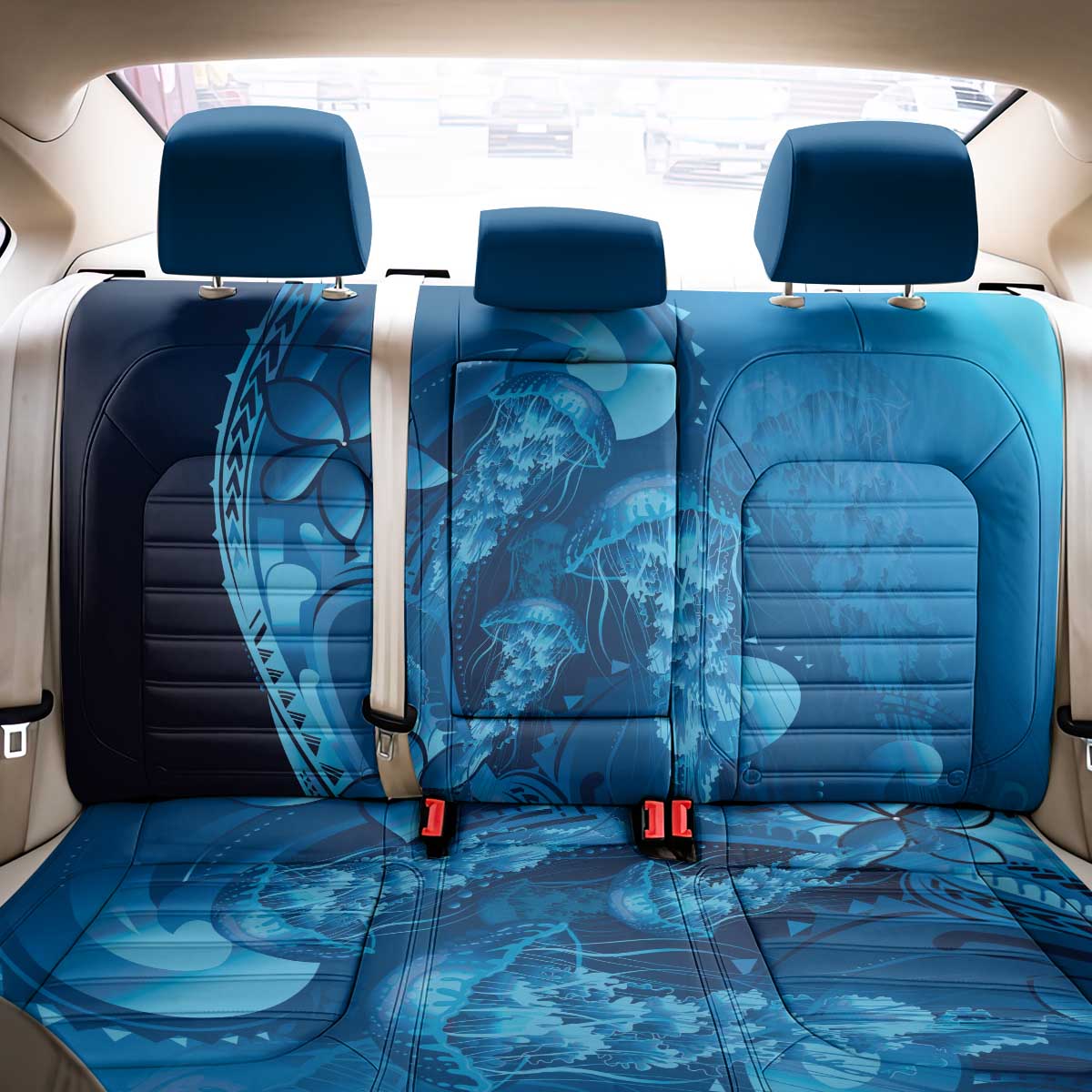 Blue Gradient Polynesia Jellyfish Back Car Seat Cover Plumeria Polynesian Tattoo Glowing Vibes