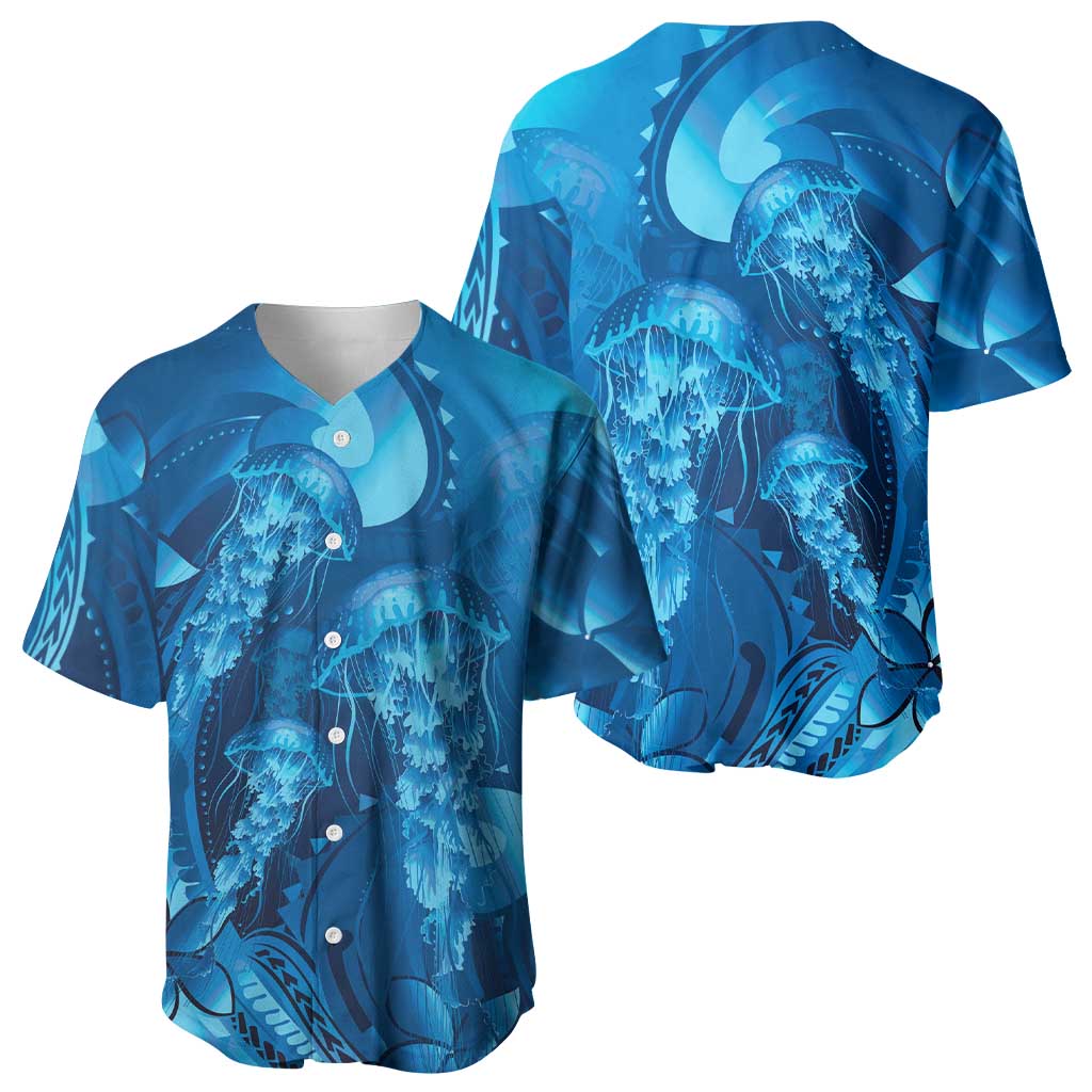 Blue Gradient Polynesia Jellyfish Baseball Jersey Plumeria Polynesian Tattoo Glowing Vibes