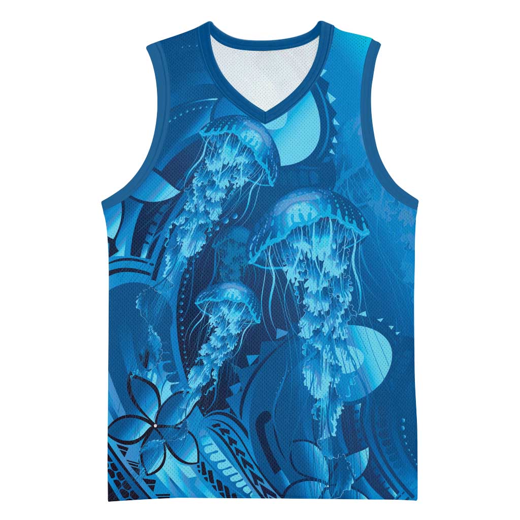 Blue Gradient Polynesia Jellyfish Basketball Jersey Plumeria Polynesian Tattoo Glowing Vibes