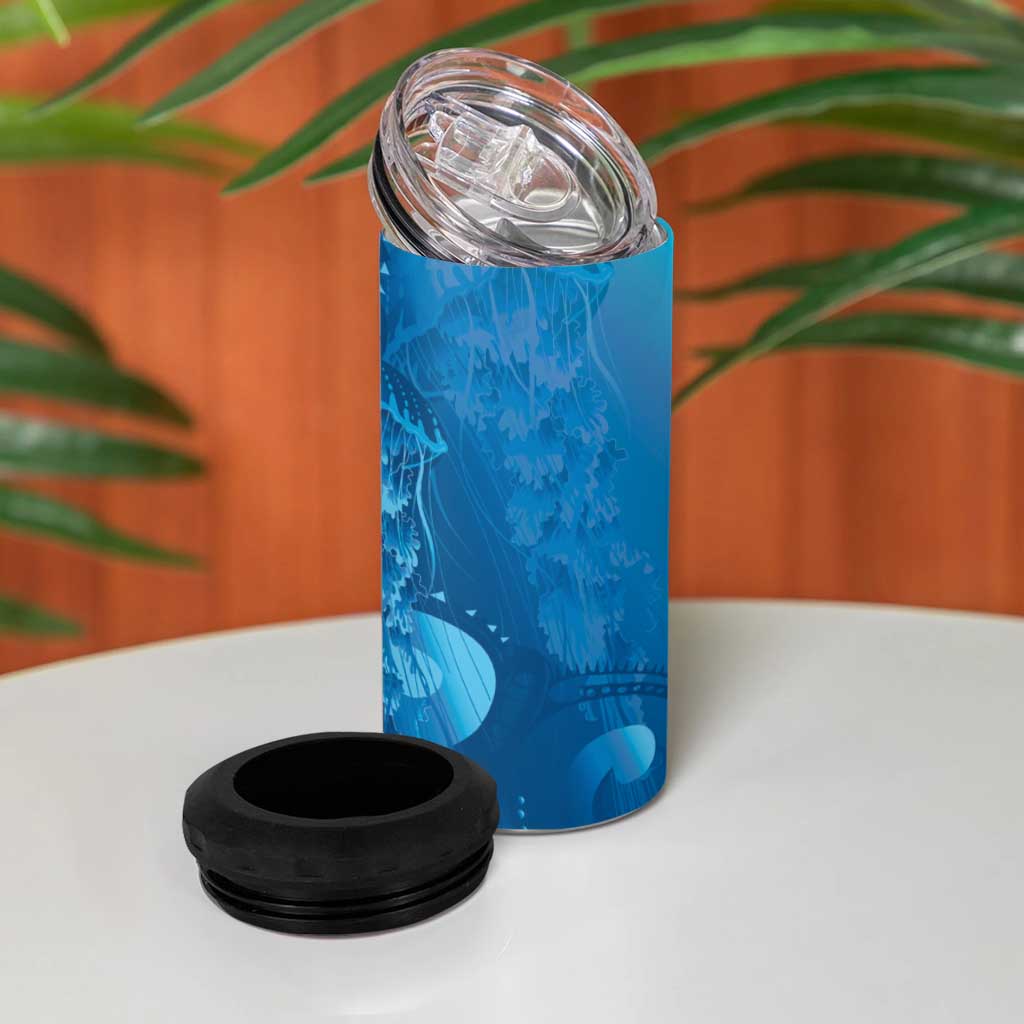 Blue Gradient Polynesia Jellyfish 4 in 1 Can Cooler Tumbler Plumeria Polynesian Tattoo Glowing Vibes