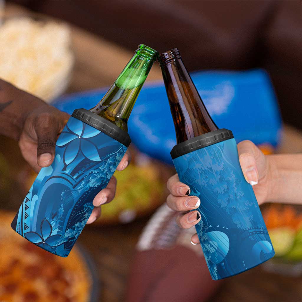 Blue Gradient Polynesia Jellyfish 4 in 1 Can Cooler Tumbler Plumeria Polynesian Tattoo Glowing Vibes