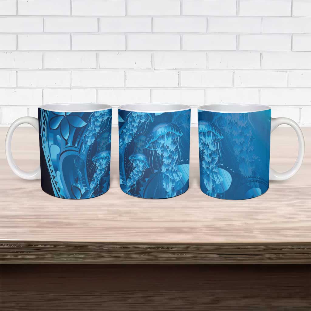 Blue Gradient Polynesia Jellyfish Ceramic Mug Plumeria Polynesian Tattoo Glowing Vibes