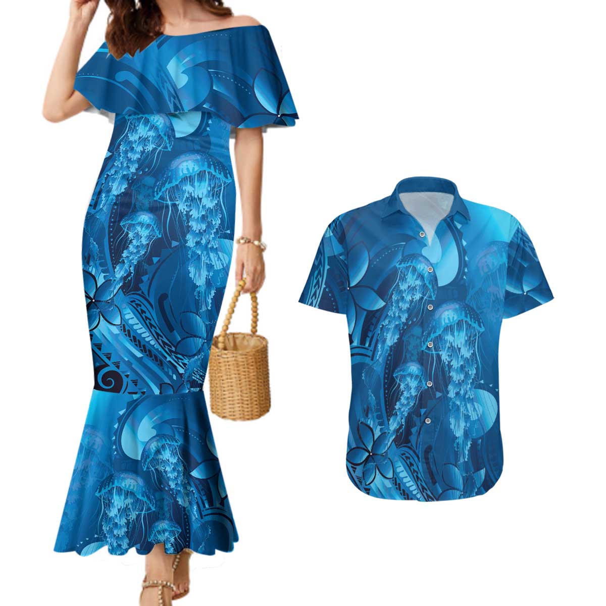 Blue Gradient Polynesia Jellyfish Couples Matching Mermaid Dress and Hawaiian Shirt Plumeria Polynesian Tattoo Glowing Vibes