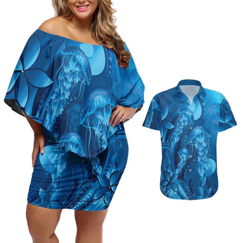 Blue Gradient Polynesia Jellyfish Couples Matching Off Shoulder Short Dress and Hawaiian Shirt Plumeria Polynesian Tattoo Glowing Vibes