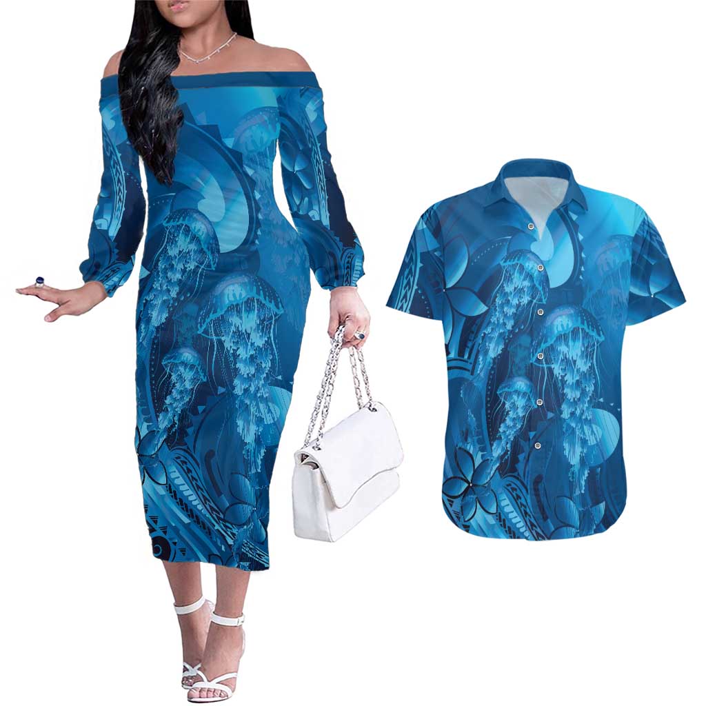 Blue Gradient Polynesia Jellyfish Couples Matching Off The Shoulder Long Sleeve Dress and Hawaiian Shirt Plumeria Polynesian Tattoo Glowing Vibes