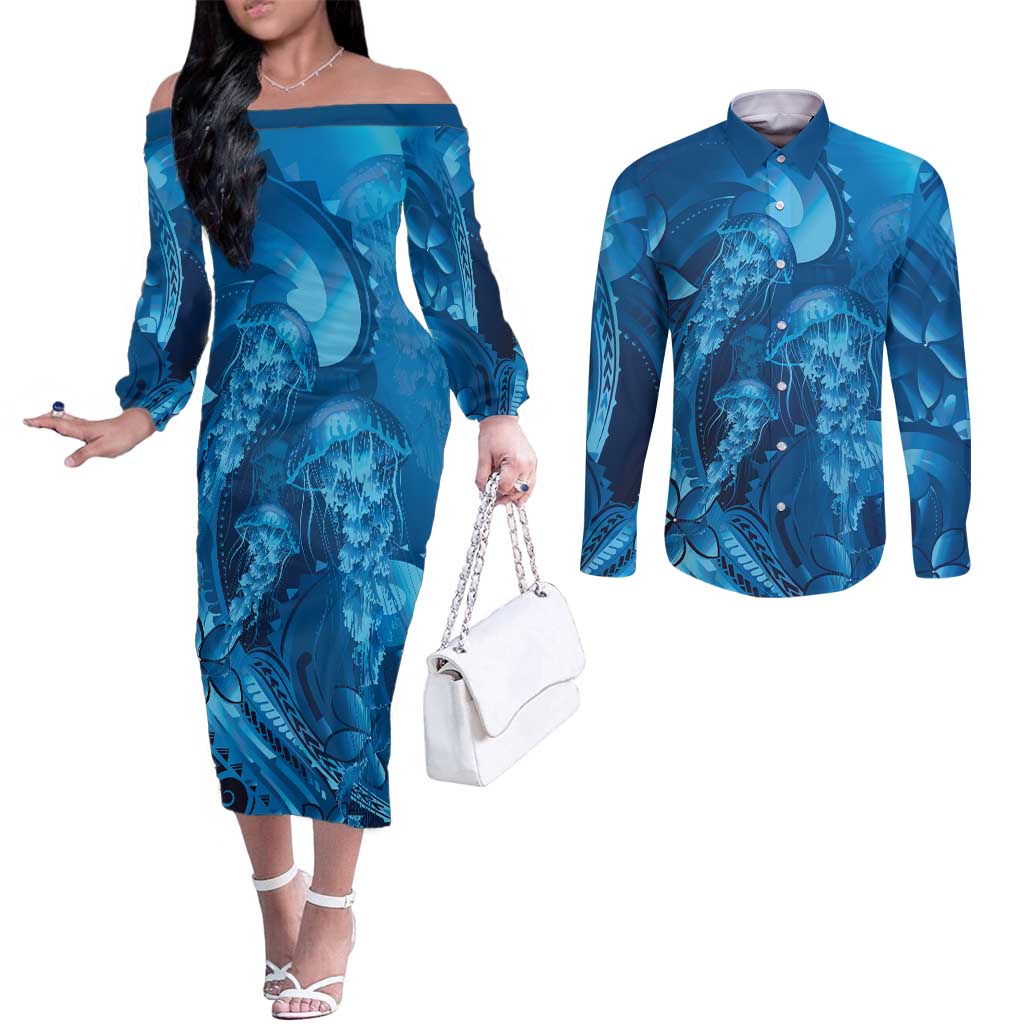 Blue Gradient Polynesia Jellyfish Couples Matching Off The Shoulder Long Sleeve Dress and Long Sleeve Button Shirt Plumeria Polynesian Tattoo Glowing Vibes
