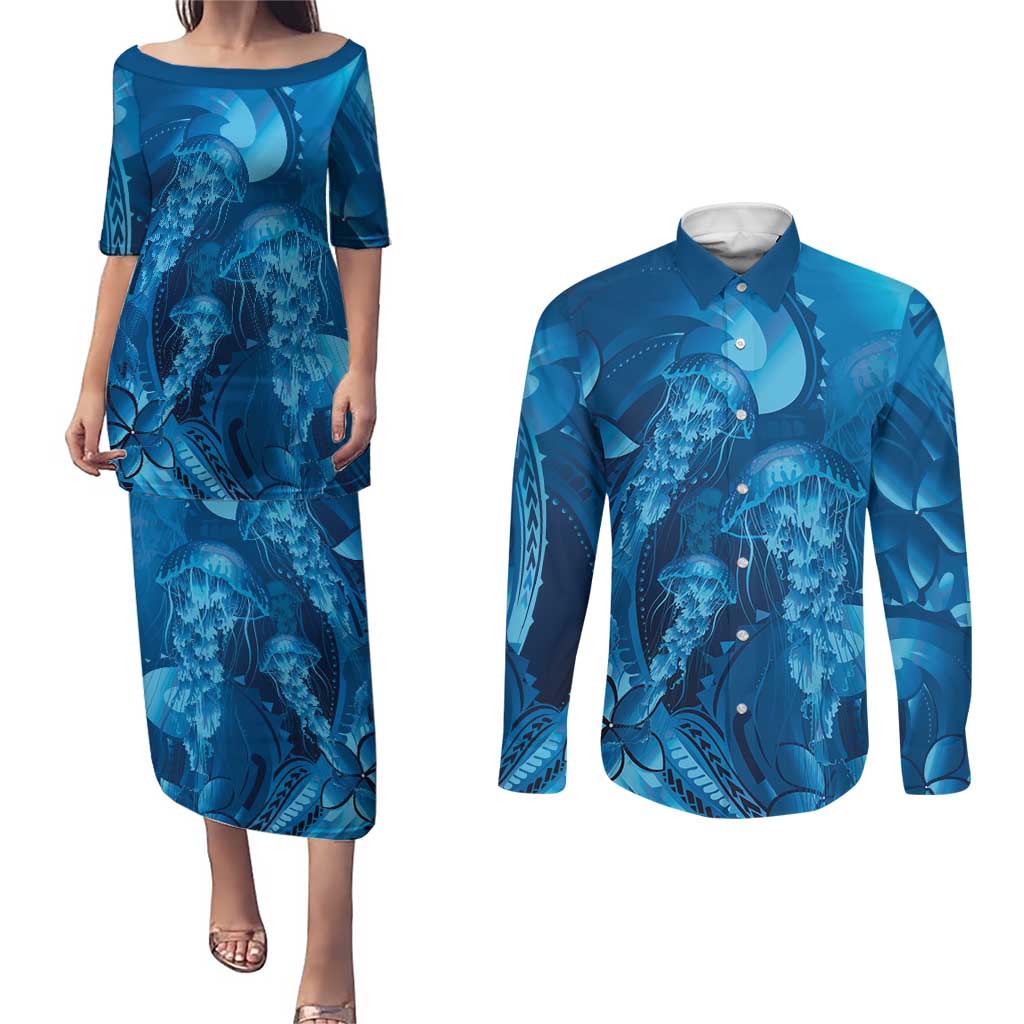 Blue Gradient Polynesia Jellyfish Couples Matching Puletasi and Long Sleeve Button Shirt Plumeria Polynesian Tattoo Glowing Vibes