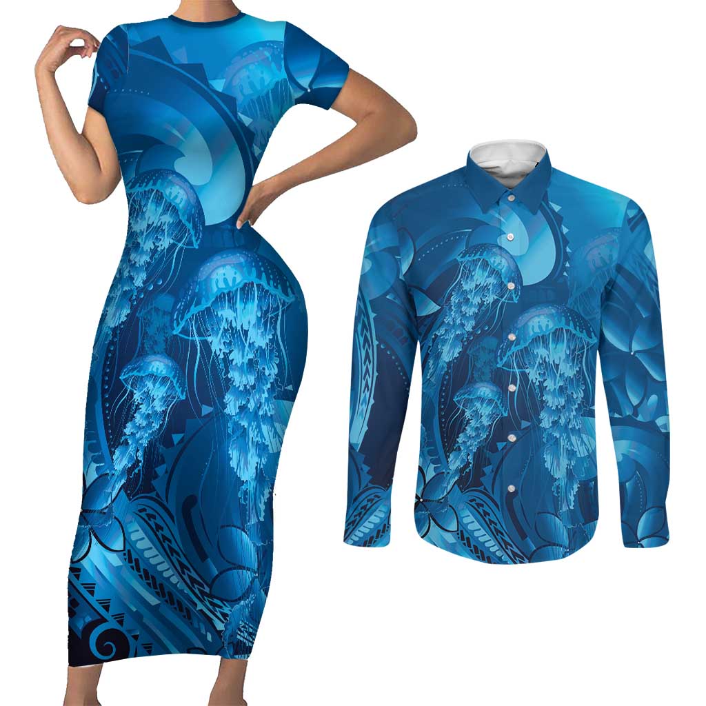 Blue Gradient Polynesia Jellyfish Couples Matching Short Sleeve Bodycon Dress and Long Sleeve Button Shirt Plumeria Polynesian Tattoo Glowing Vibes
