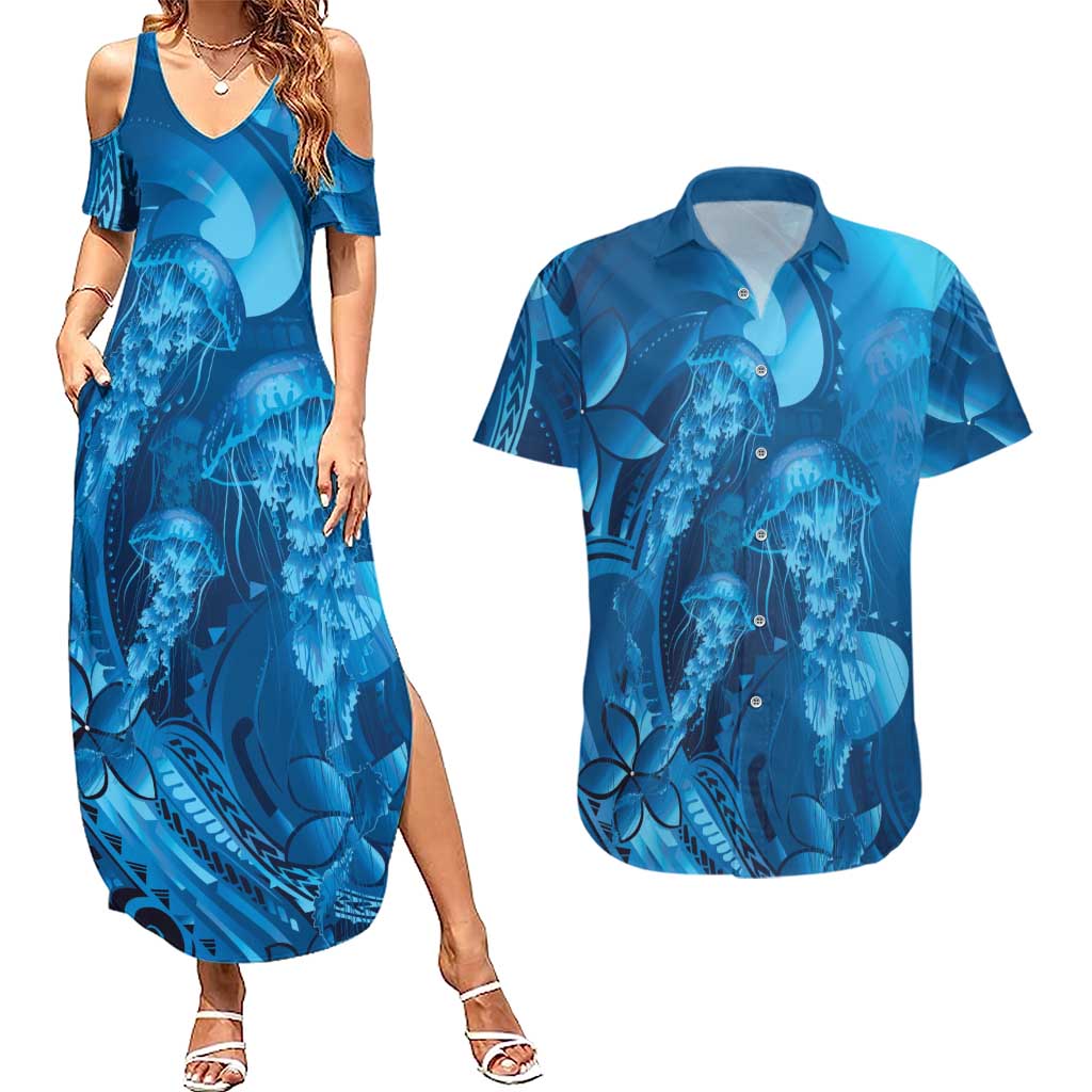 Blue Gradient Polynesia Jellyfish Couples Matching Summer Maxi Dress and Hawaiian Shirt Plumeria Polynesian Tattoo Glowing Vibes