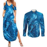 Blue Gradient Polynesia Jellyfish Couples Matching Summer Maxi Dress and Long Sleeve Button Shirt Plumeria Polynesian Tattoo Glowing Vibes