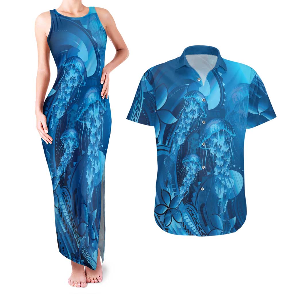 Blue Gradient Polynesia Jellyfish Couples Matching Tank Maxi Dress and Hawaiian Shirt Plumeria Polynesian Tattoo Glowing Vibes