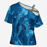 Blue Gradient Polynesia Jellyfish Cross Shoulder Shirt Plumeria Polynesian Tattoo Glowing Vibes