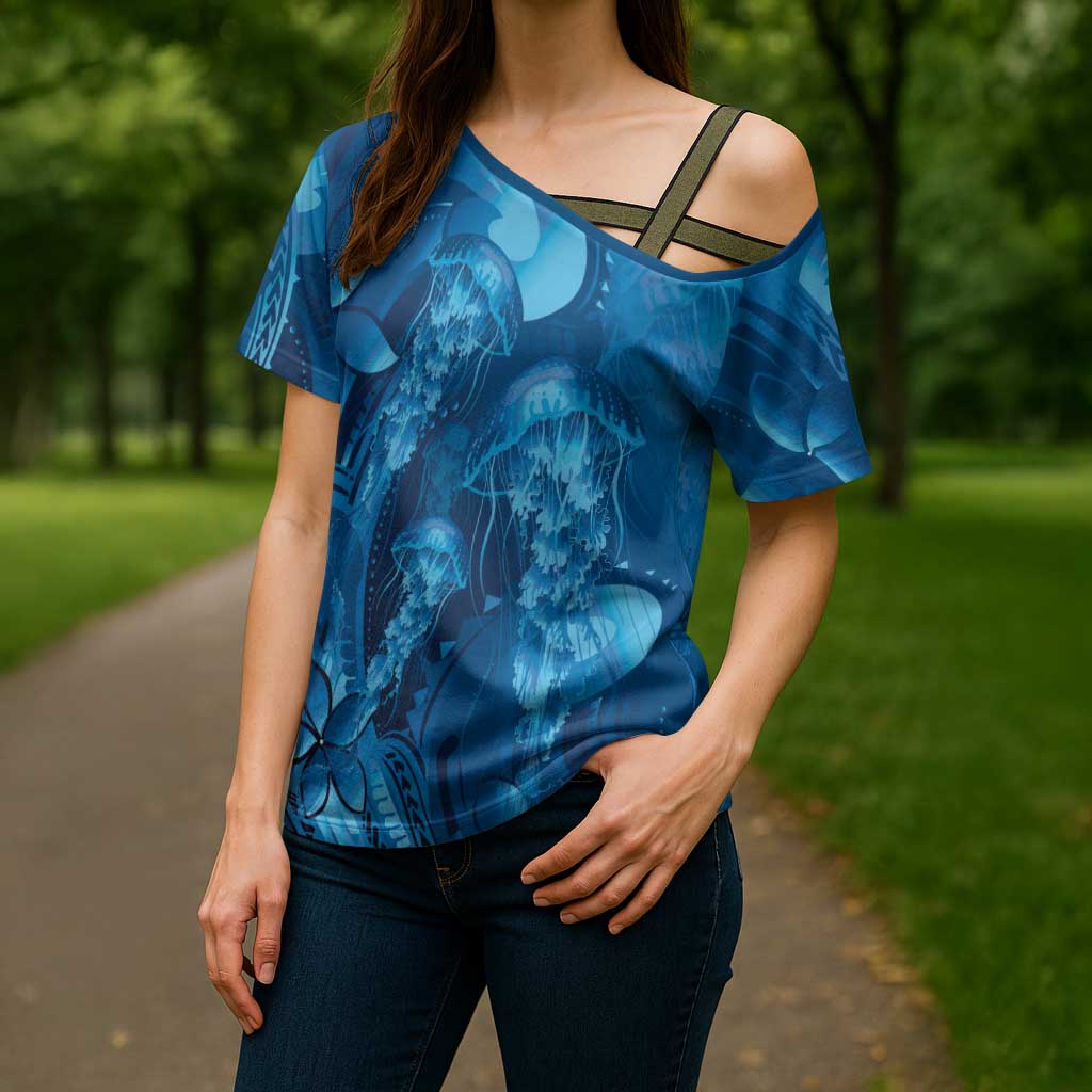 Blue Gradient Polynesia Jellyfish Cross Shoulder Shirt Plumeria Polynesian Tattoo Glowing Vibes