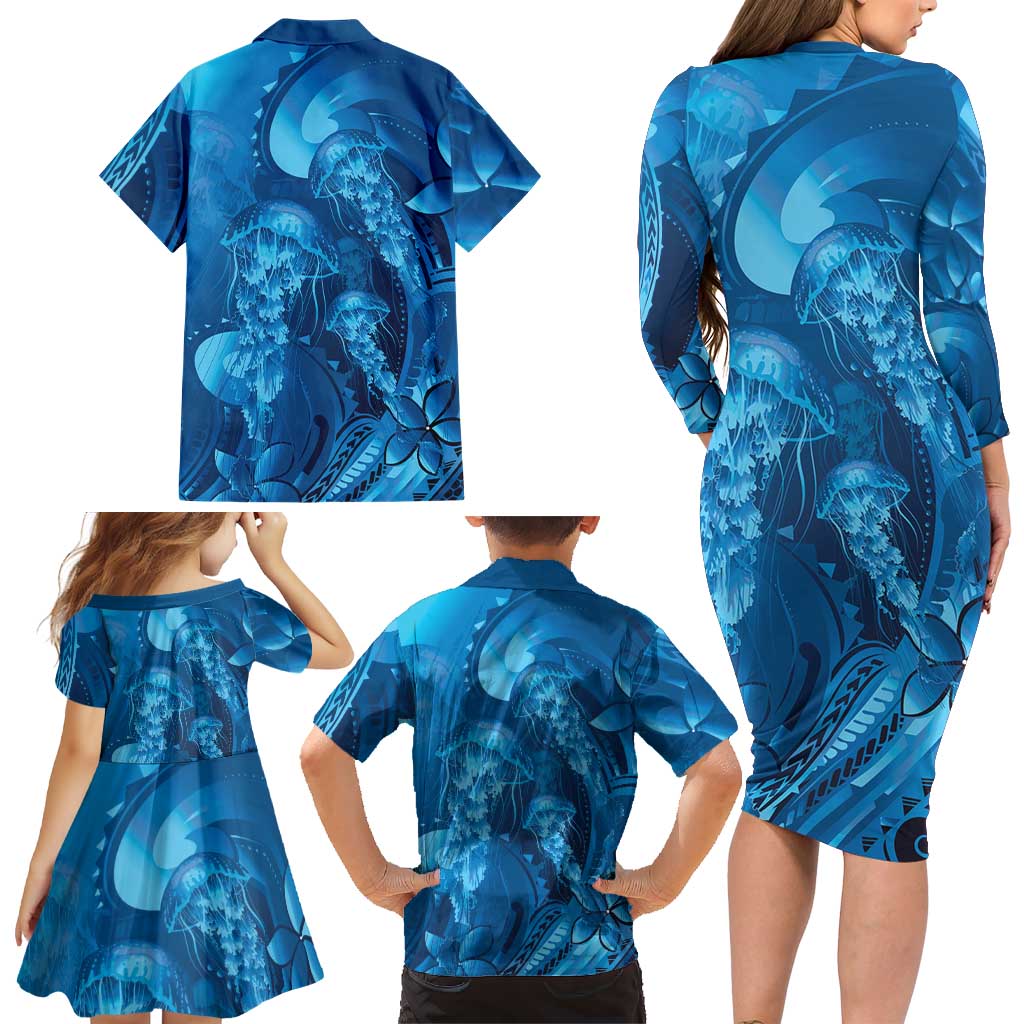 Blue Gradient Polynesia Jellyfish Family Matching Long Sleeve Bodycon Dress and Hawaiian Shirt Plumeria Polynesian Tattoo Glowing Vibes