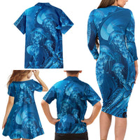 Blue Gradient Polynesia Jellyfish Family Matching Long Sleeve Bodycon Dress and Hawaiian Shirt Plumeria Polynesian Tattoo Glowing Vibes