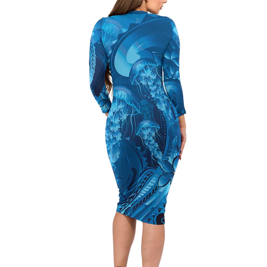 Blue Gradient Polynesia Jellyfish Family Matching Long Sleeve Bodycon Dress and Hawaiian Shirt Plumeria Polynesian Tattoo Glowing Vibes