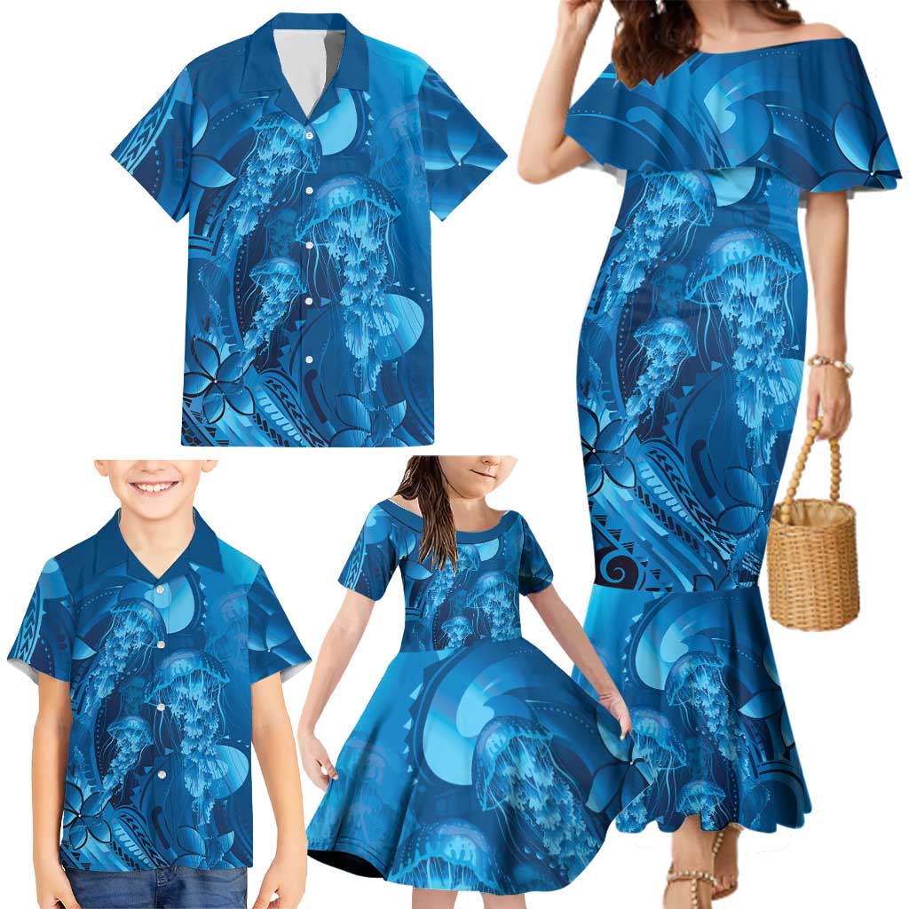 Blue Gradient Polynesia Jellyfish Family Matching Mermaid Dress and Hawaiian Shirt Plumeria Polynesian Tattoo Glowing Vibes