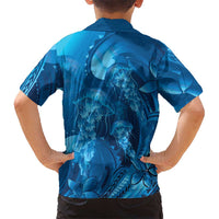Blue Gradient Polynesia Jellyfish Family Matching Off The Shoulder Long Sleeve Dress and Hawaiian Shirt Plumeria Polynesian Tattoo Glowing Vibes LT14 - Polynesian Pride