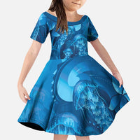 Blue Gradient Polynesia Jellyfish Family Matching Off The Shoulder Long Sleeve Dress and Hawaiian Shirt Plumeria Polynesian Tattoo Glowing Vibes LT14 Daughter's Dress Blue - Polynesian Pride