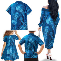 Blue Gradient Polynesia Jellyfish Family Matching Off The Shoulder Long Sleeve Dress and Hawaiian Shirt Plumeria Polynesian Tattoo Glowing Vibes LT14 - Polynesian Pride